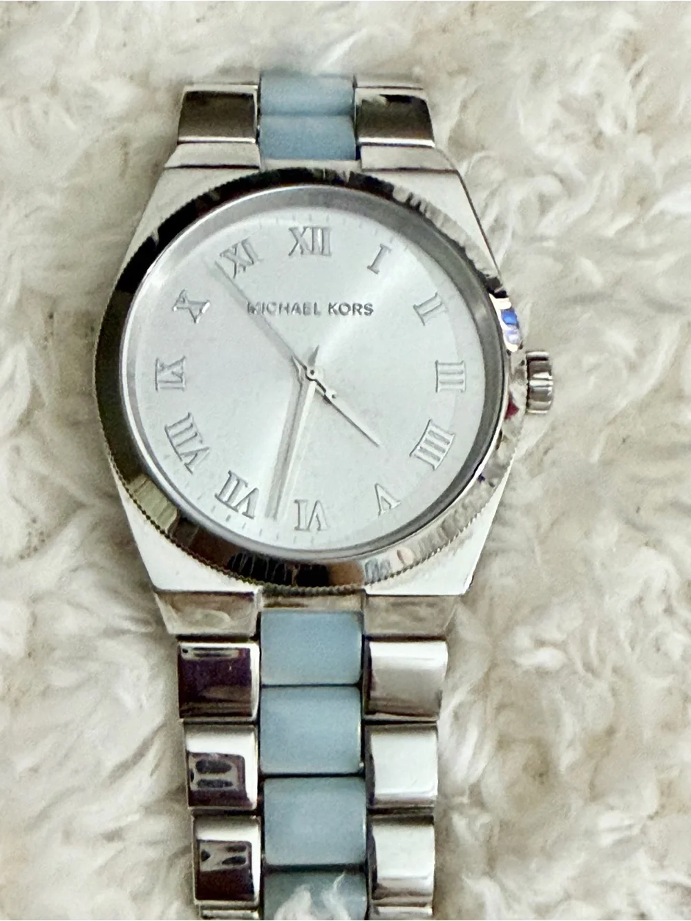 Michael Kors Silver Watch With Blue Center Stripe / Roman Numeral Face